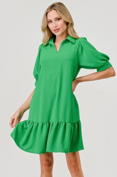 Lily Cuffed Short Sleeve Collared Dress with Ruffle-2 Colors