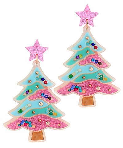 Turquoise/Pink Christmas Tree Earrings