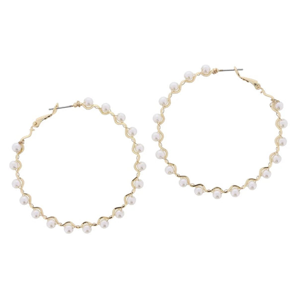 Wavy Gold Hoop with Woven Pearls Earrings