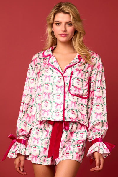 Satin Santa & Bow Prints Pajama Set