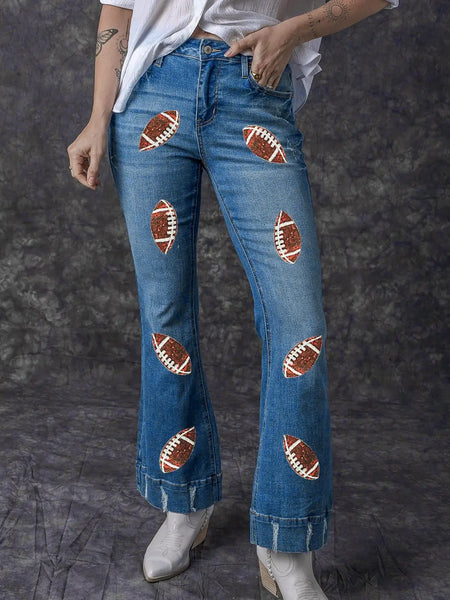 Sequin Rugby Football  High Waist Distressed Flare Jeans