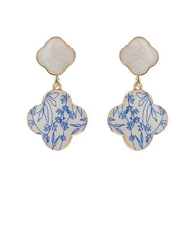 Chinoiserie Floral and Shell Clover Drop Earrings