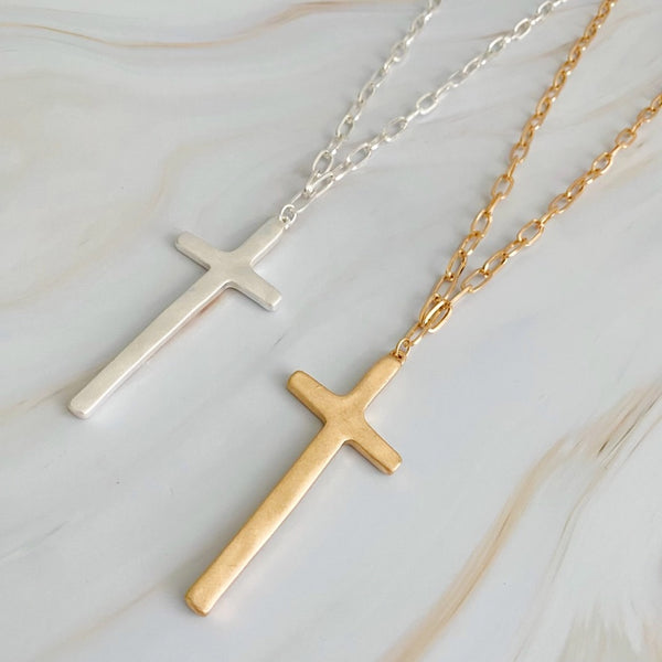 Hammered Cross Long Chain Necklace-Gold or Silver