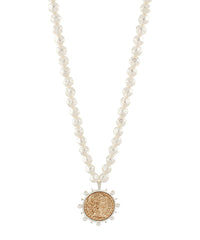 Pearl Twotone Chunky Coin Pendant Necklaces-Gold or Silver