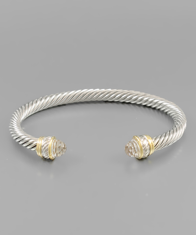 Bead End Thick Cable Cuff Bracelet with Clear Stone