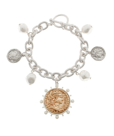 Twotone CHunky Coin and Pearl Chain Bracelet-Worn Gold or Worn Silver