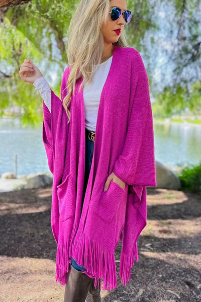 Harlow Soft Knitted Pocket Kimono Cardigan with Fringe-2 Colors