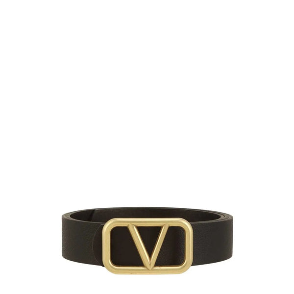 Metal V Buckle Leather Belt- Black