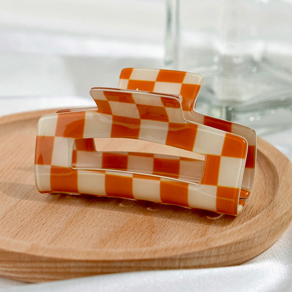 Burnt Orange Checkerboard Square Hair Claw Clip