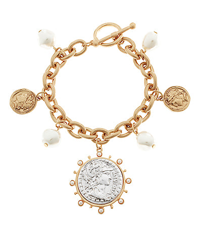 Chunky Coin & Pearl Chain Bracelet-Gold or Silver