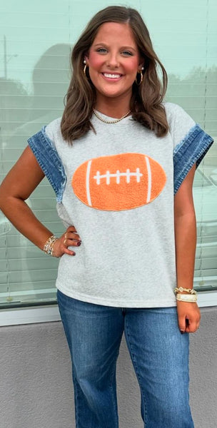 Patch Denim Frayed Edge Gameday Top