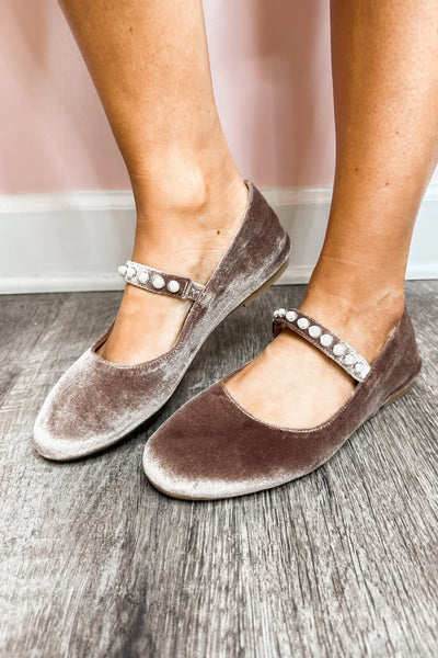 Pearl Studded Corky's Velvet Ballet Flats in Taupe