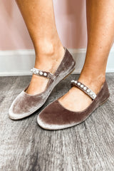 Pearl Studded Corky's Velvet Ballet Flats in Taupe