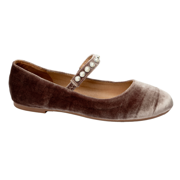 Pearl Studded Corky's Velvet Ballet Flats in Taupe