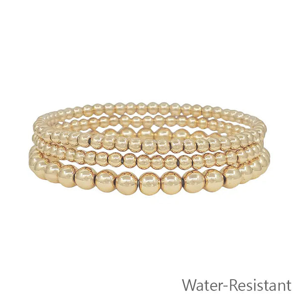 Water Resistant Gold Graduated Beaded Set of 3 Stretch Bracelets