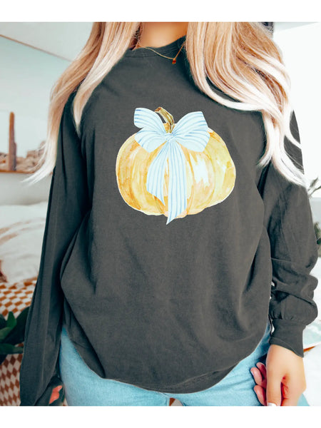 Watercolor Grandmillennial Coquette Pumpkin Long Sleeve T-Shirt