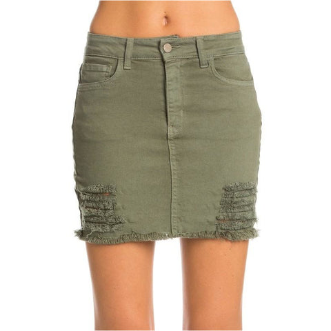 Distressed Olive Denim Skirt